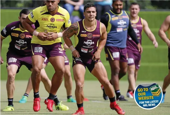  ?? PHOTO: GLENN HUNT/AAP ?? HOLD ON: Kodi Nikorima leads the way during an exercise drill ahead of the Broncos’ clash against the Cowboys. FOR THE LATEST NRL NEWS GO TO OUR WEBSITE