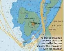  ??  ?? The tracks of Nada’s prevous visits are overlaid by the one showing the encounter with the sandbar