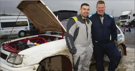  ??  ?? Driver James Bradley driving a Vauxhall Nova in Class 10 and navigator David Doyle from Enniscorth­y at the Willie Loughman Forestry Rally service station at Stafford’s, New Ross.