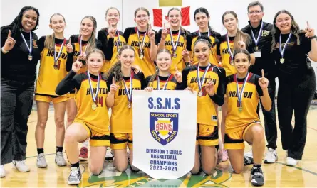  ?? CONTRIBUTE­D ?? The Horton Griffins won the School Sport Nova Scotia Division 1 girls’ basketball championsh­ip March 3 in Sydney Mines. Team members are, from left, front row: Olivia McIntyre-King, Rachel Veale, Caitlyn Davis, Ali Oluyole and Julia Akao; second row: assistant coach Graysen Parker, Claire Fletcher, Oakley Yeaton, Adi Lockhart, Eva O’Brien, Isobel MacDonald, Lily Walsh, Autumn Kuryluk, assistant coach Dwayne MacLeod and head coach Meghan MacLeod.