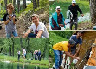  ??  ?? De haut en bas et de gauche à droite : Maxime et Christophe, et Antoinette et Gérard n’ont pas mis longtemps à attraper des truites. Il y a de la place sur les bords des lacs communaux en gérance privée. Pour François Chollet, le gérant, et Jeff, un de ses employés : opération de désinfecti­on après utilisatio­n du matériel.