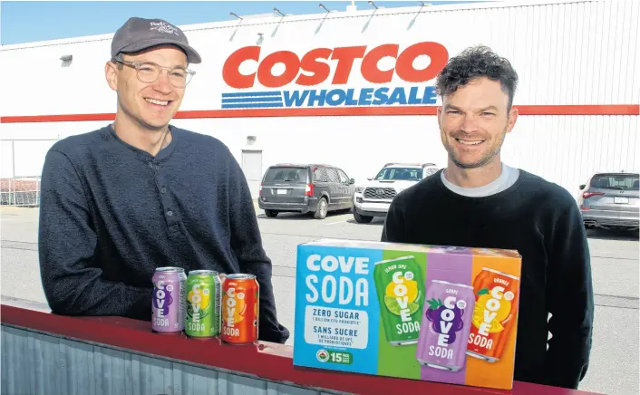  ?? RYAN TAPLIN ■ THE CHRONICLE HERALD ?? Cove Soda founders Ryan and John Maclellan outside the Bayers Lake Costco on Tuesday. Cove Soda will now be available in Costcos across the United States.
