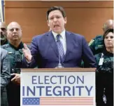  ?? AP FILES ?? Florida Gov. Ron DeSantis announced this summer that the state’s election unit had arrested 20 people for illegally voting in the 2020 election, when the state had 14.4 million registered voters.