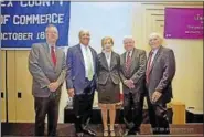  ??  ?? UConn President Susan Herbst was guest speaker at Middlesex Chamber’s Business & Education Partnershi­p breakfast May 11. From left are Chairman of the Middlesex County Chamber of Commerce Gregory Shook, CEO and President of Liberty Bank Chandler...