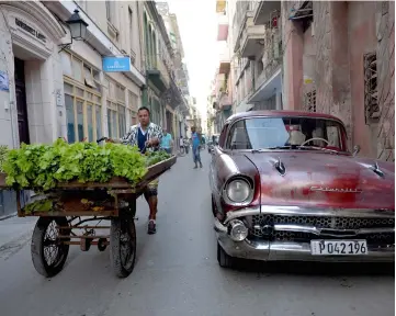  ??  ?? A fruit and vegetables vendor walks along a street of Havana. Since 2008, these small business owners have run restaurant­s, fixed bikes, made clothes, driven taxis, cut hair...at least 1.5 million people are believed to be dependent on that income, on an island of 11.2 million. — AFP photo