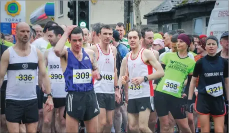  ??  ?? Athletes at the start of the St Patrick’s Day 10k race in Tubbercurr­y which is a big event on the local running calendar.