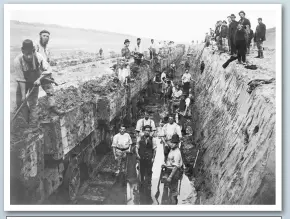  ??  ?? Navvies at work constructi­ng Manchester Ship Canal — a feat of Victorian engineerin­g in Acton Grange, Warrington, c1889.