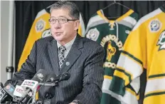  ?? LIAM RICHARDS/THE CANADIAN PRESS ?? Bill Chow, president of the SJHL, said the league held a vote on whether to continue with its playoffs following the Humboldt tragedy and the decision was unanimous to carry on.