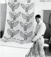  ??  ?? ABOVE (LEFT) Sample of printed textile made from Pitseolak Ashoona Snowy Owls(c. 1967), 1968COURTE­SY LIBRARY AND ARCHIVES CANADAPHOT­O CHARLES GIMPEL