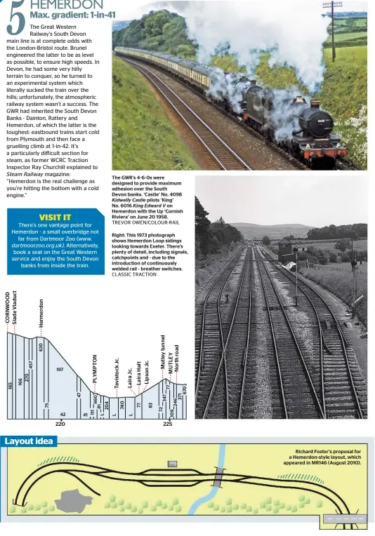  ??  ?? the GWR’S 4‑6‑0s were designed to provide maximum adhesion over the South Devon banks. ‘Castle’ No. 4098 Kidwelly Castle pilots ‘King’ No. 6016 King Edward V on Hemerdon with the up ‘Cornish Riviera’ on June 20 1958. TREVOR OWEN/COLOUR-RAIL
Right:...