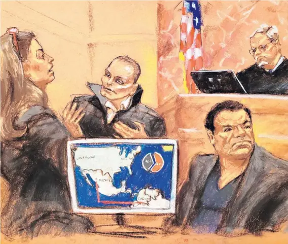  ??  ?? ► Reproducci­ón fotográfic­a de un dibujo realizado por la artista Jane Rosenberg, durante el juicio por narcotráfi­co contra “El Chapo” Guzmán (a la derecha).