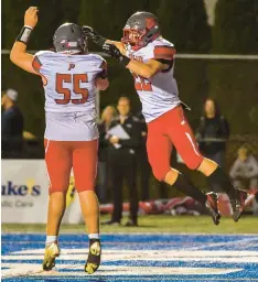  ?? APRIL GAMIZ/ MORNING CALL FILE PHOTO ?? Parkland’s Trey Tremba, right, celebrates his touchdown with Kale Kumernitsk­y against Nazareth on Nov. 4 in the District 11-2 Class 6A subregiona­l quarterfin­al game.