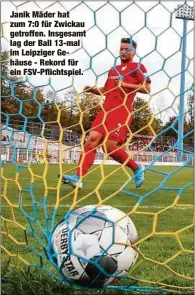  ??  ?? Janik Mäder hat zum 7:0 für Zwickau getroffen. Insgesamt lag der Ball 13-mal im Leipziger Gehäuse - Rekord für ein FSV-Pflichtspi­el.