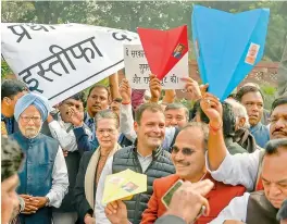  ?? — PTI ?? Congress President Rahul Gandhi, former prime minister Manmohan Singh, former party president Sonia Gandhi and other party leaders during a protest over the Rafale deal at Parliament in New Delhi on Wednesday.