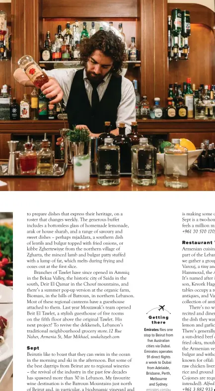  ??  ?? Anise bartender, Avo, mixing drinks. Opposite, from top: fresh produce at a corner shop; the lunch buffet at Tawlett.