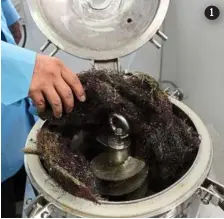  ??  ?? 1 1. red seaweed is first cooked in a boiler at 100°c at fairly high pressure. This separates the solids from the agar. 2. The pulp is then bleached to turn it white. 3. The pulp is placed between blotters and pressed with a roller to get rid of excess...