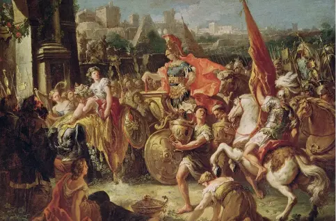  ?? ?? L'Entrée d'Alexandre le Grand à Babylone, de Gaspare Diziani, (16891767). Le char d'Alexandre, tiré par un éléphant, progresse vers l'arc triomphal.