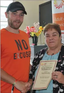  ??  ?? Niall Farrelly receives his certificat­e for Leaving Certificat­e Programme completion from Adult Education Officer Imelda Prunty at the LMETB VTOS awards held in King Street. Right: John Keenan receives his certificat­e for completing the Leaving...