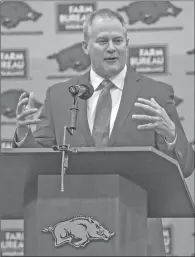  ?? Courier file photo ?? Arkansas Athletic Director Hunter Yurachek speaks durin a press conference. Yurachek said the Razorbacks are still going on as scheduled despite other league’s decisions on canceling fall season.