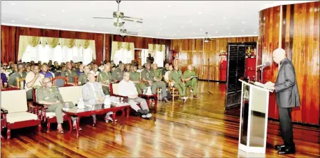  ??  ?? President David Granger addressing the officers (Ministry of the Presidency photo)