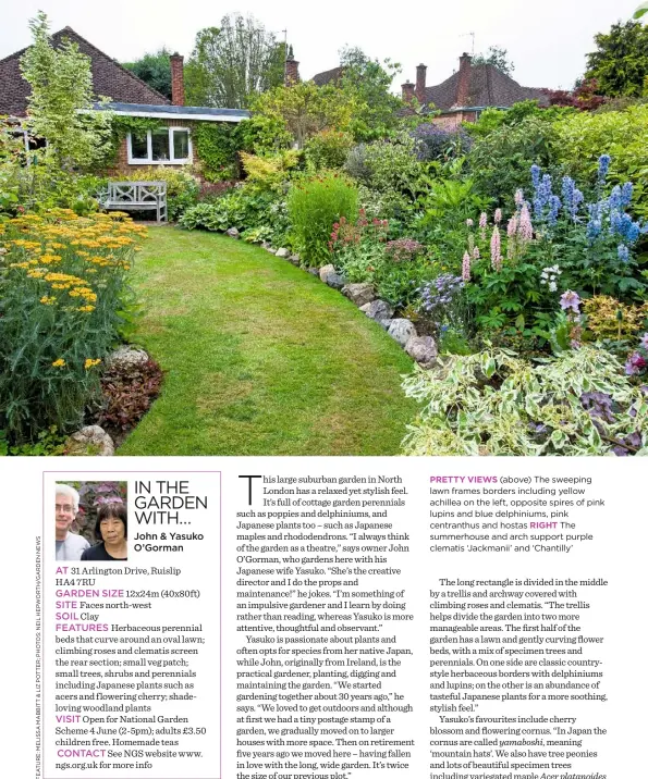  ??  ?? PRETTY VIEWS (above) The sweeping lawn frames borders including yellow achillea on the left, opposite spires of pink lupins and blue delphinium­s, pink centranthu­s and hostas RIGHT The summerhous­e and arch support purple clematis ‘Jackmanii’ and...