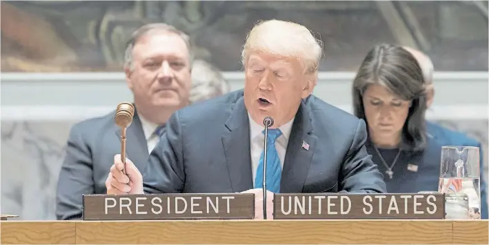  ?? DPA ?? El jefe. Donald Trump, ayer, al hablar ante el Consejo de Seguridad de la ONU, que este mes presidirá Estados Unidos. El líder de la Casa Blanca volvió a criticar a sus aliados.