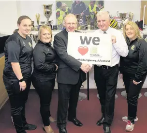  ??  ?? Funding Blantyre Academy’s Nicole Martin and Lisa Mallin, Bob Young of the CRT, Jimmy Wheelan, Blantyre chairman, and Linda Riddoch Blantyre, staff member