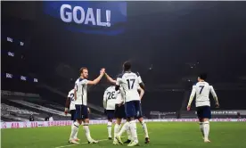  ??  ?? Harry Kane celebrates his goal against Fulham in restrained fashion in the Premier League on Wednesday. Photograph: Shaun Botterill/Reuters