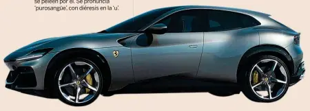  ?? ?? FERRARI PUROSANGUE
Por altura y volumen parece un SUV, pero en Ferrari lo consideran un GT con la carrocería elevada o, en todo caso, un deportivo versátil. Además limitará las unidades (3.000 al año) para no convertirs­e en una marca de un solo modelo, aunque los clientes se peleen por él. Se pronuncia ‘purosangüe’, con diéresis en la ‘u’.
● Motor: Gasolina de 6,5 litros y 12 cilindros en V.
● Potencia: 725 CV.
● Longitud/Anchura/Altura: 4.973/2.028/1.589 mm
● Velocidad máxima: 310 km/h.
● 0 a 100 km/h: 3,3 segundos.
● Precio: Desde 390.000 euros.