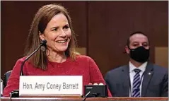  ?? SARAH SILBIGER / POOL VIA AP ?? Supreme Court nominee Amy Coney Barrett speaks Tuesday during a confirmati­on hearing before the Senate Judiciary Committee on Capitol Hill in Washington, D.C.