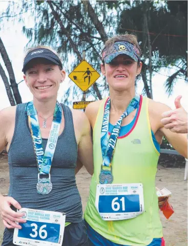  ?? Pictures: NICOLE MARTIN ?? STILL SMILING: Women’s marathon winner Jenny Damon with second-place getter Sonia Lewis.