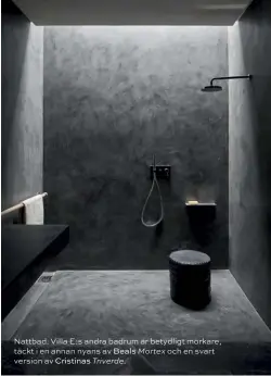  ??  ?? Nattbad. Villa E: s andra badrum är betydligt mörkare, täckt i en annan nyans av Beals Mortex och en svart version av Cristinas Triverde.