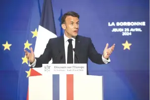  ?? (Christophe Petit Tesson/Pool via Reuters) ?? FRENCH PRESIDENT Emmanuel Macron delivers a speech on Europe in the amphitheat­er of Sorbonne University on Thursday.