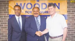  ?? Emilie Munson / Hearst Connecticu­t Media ?? From left, Shawn Wooden, Martin Luther King III and state Sen. John Fonfara after King endorsed Wooden for state treasurer in Hartford on Saturday.