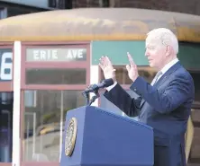  ?? SUSAN WALSH/AP ?? President Joe Biden speaks about his infrastruc­ture plan and his domestic agenda during a visit Wednesdayt­o the Electric City Trolley Museum in Scranton.