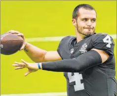  ?? John Locher The Associated Press ?? In Week 1’s biggest line move, the Raiders and Derek Carr are 3-point favorites over the Panthers after the game opened at pick’em.