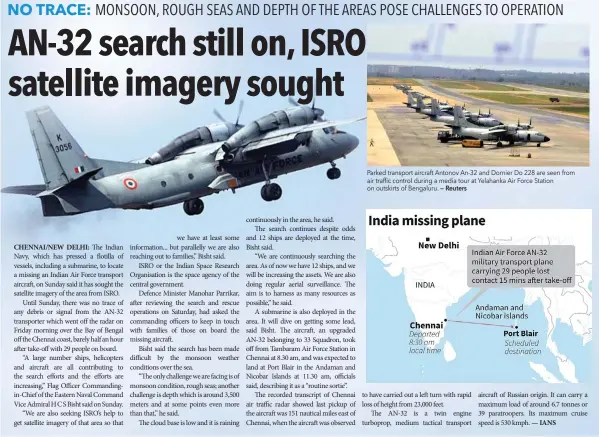  ?? — Reuters ?? Parked transport aircraft Antonov An-32 and Dornier Do 228 are seen from air traffic control during a media tour at Yelahanka Air Force Station on outskirts of Bengaluru.