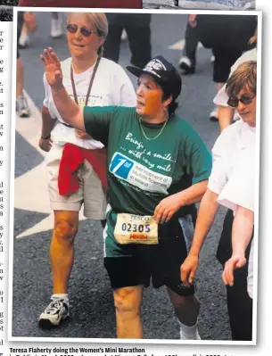  ??  ?? Teresa Flaherty doing the Women’s Mini Marathon in Dublin in March 2002, above, and at Niagara Falls for a 100km walk in 2000, top.