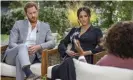  ??  ?? The Duke and Duchess of Sussex during their television interview with Oprah Winfrey. Photograph: Joe Pugliese/AP