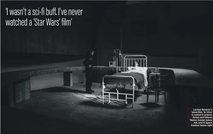  ??  ?? Larissa Sansour’s latest film, ‘In Vitro’, is rooted in science fiction and follows ‘Nation Estate’, below left, and ‘A Space Exodus’, below right
