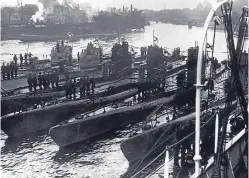  ?? Picture: Getty Images. ?? U-boats lined up in Kiel harbour, Germany, during the First World War.