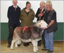  ?? ?? CHAMPION RAM pictured with from left: Robert Tyson, judge, Margaret Wilson, referee, Ian Grisedale, judge, and Mark Potter with the champion which went on to make 10,000gns