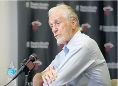  ?? JOHN MCCALL/STAFF PHOTOGRAPH­ER ?? Pat Riley said the Heat remains in a win-now mode and believes the franchise is ahead in the rebuilding cycle and one step away from being a “very good team.”