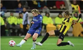  ?? Photograph: Harriet Lander/Chelsea FC/Getty Images ?? Erin Cuthbert scores her second and Chelsea’s third goal in their 3-1 win at BK Häcken.