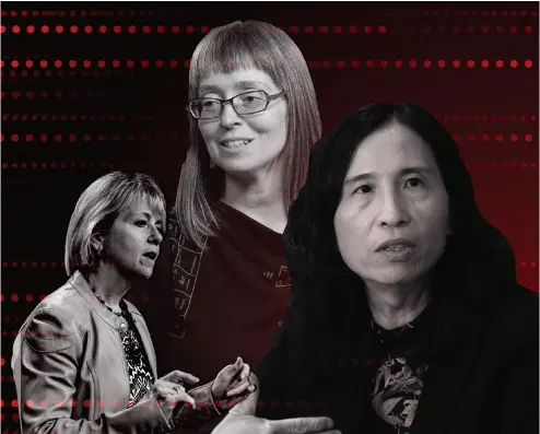  ??  ?? Three high-achieving doctors, three stories of job stress. From left, B.C.’S Bonnie Henry, Alberta’s Deena Hinshaw
and Canada’s chief public medical officer Theresa Tam have been in the eye of the hurricane from day one.