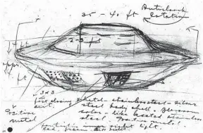  ?? LA PRESSE CANADIENNE ?? Dessin d’un ovni qui aurait survolé le lac Falcon, au Manitoba, en 1967.