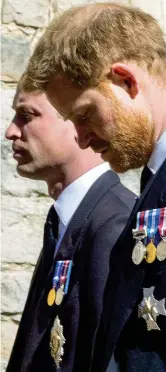  ?? (foto Ap) ?? Fianco a fianco William, 38 anni, e Harry, 36 anni, al funerale del nonno, il principe Filippo