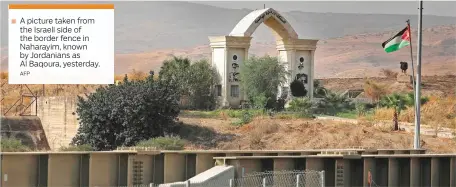  ?? AFP ?? A picture taken from the Israeli side of the border fence in Naharayim, known by Jordanians as Al Baqoura, yesterday.