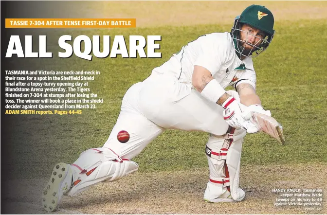  ?? Picture: AAP ?? HANDY KNOCK: Tasmanian keeper Matthew Wade sweeps on his way to 49 against Victoria yesterday.