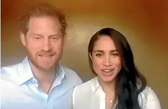  ?? AP ?? Prince Harry, and Meghan, Duchess of Sussex join a session hosted by The Queen’s Commonweal­th Trust to look at ‘fairness, justice and equal rights’.